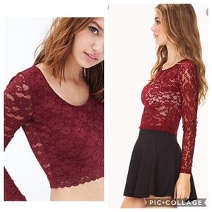 FOREVER 21 Burgundy Embroidered Lace Crop Top S